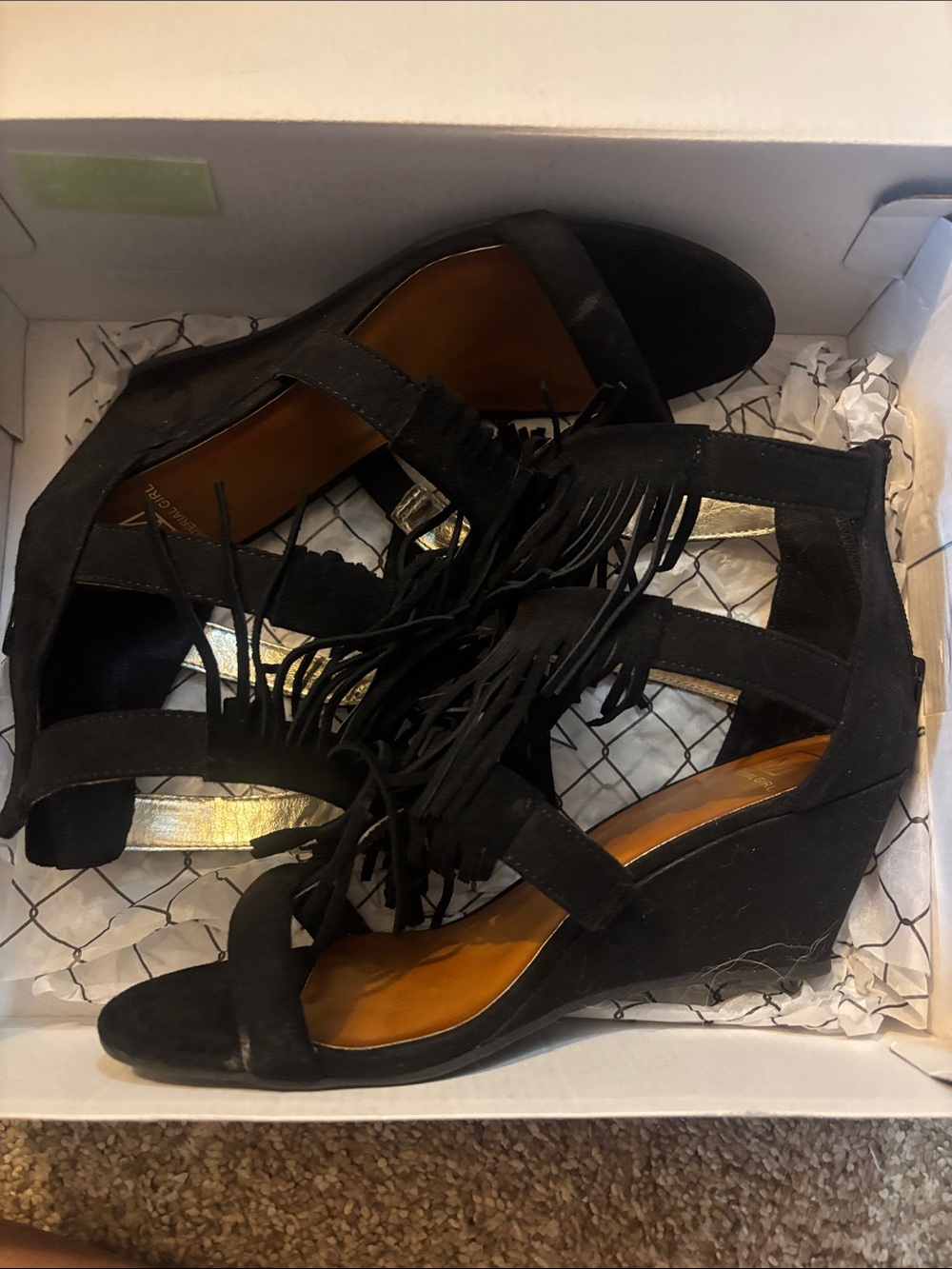 Material Girl Black Fringe Strappy Wedge Sandals